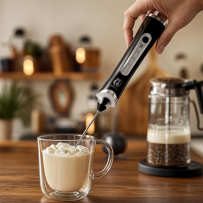 Rechargeable Handheld Milk Frother - Electric Foam Maker - Portable Coffee Frother Wand with 2 Heads - Stainless Steel Electric Whisk for Coffee, Latte, Cappuccino, Macchiato, Hot Chocolate (Black)