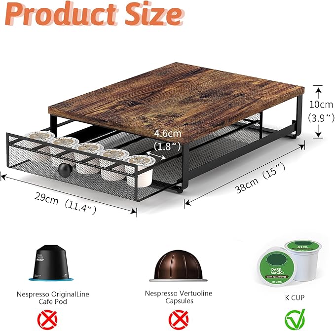 Coffee Pod Storage Drawer,with Sliding Baskets,Coffee Pod Holders for K Cups,35 Capacity Coffee Capsules Storage Organizer,Under Coffee Pot Storage Drawer,for Home Office, Kitchen (BROWN)
