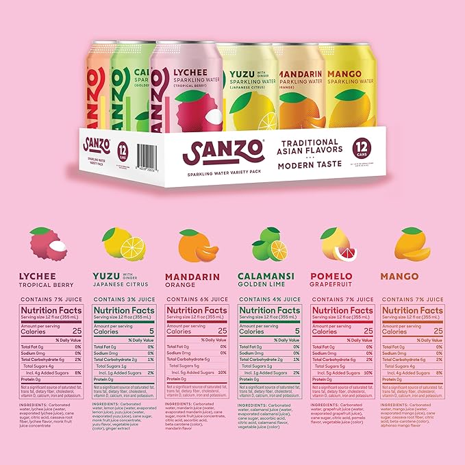 Sanzo Flavored Sparkling Water Variety Pack - Yuzu Lemon Soda, Calamansi Lime Seltzer Water, Pomelo Grapefruit Soda, Mango Sparkling Drink, Lychee Carbonated Drinks, Mandarin Orange - 12oz, 12 Pack
