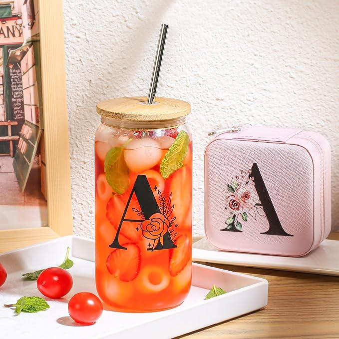 AYGXU Initial Glass Cup,Personalized Birthday Gifts for Women,16oz Glass Tumbler Cups,Graduation Gifts for Her,Small Jewelry Organizer Box,Birthday Gifts for Women,Initial W pink