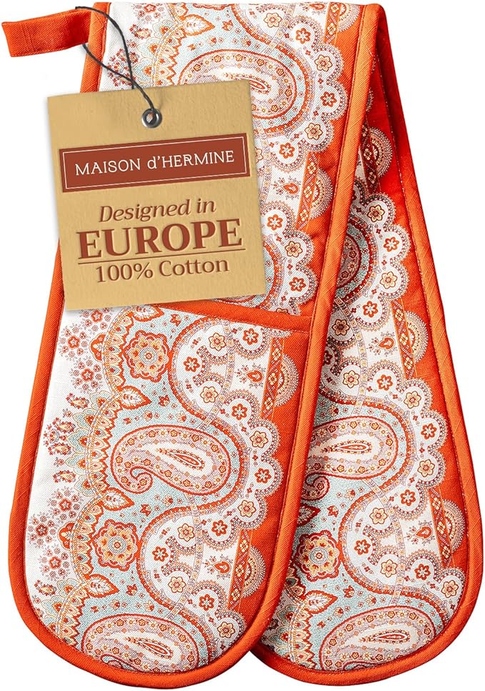 Maison d' Hermine Double Oven Mitts 100% Cotton 7"x35" Double Oven Mitt Heat Resistant BBQ Cooking Gloves with Loop, Baking, Grilling, Home, Kitchen, Handling Hot Pans (Cachemire)