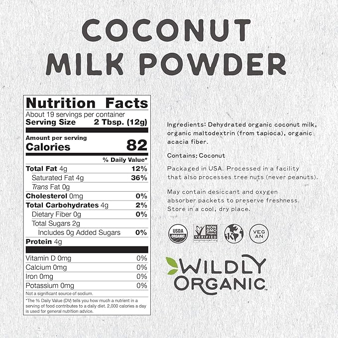 Wildly Organic Coconut Milk Powder 8 Oz Bag - Organic, Dairy-Free, Dry Milk Powder, Unsweetened, Dehydrated, Gluten-Free, Soy-Free, Non-GMO, Kosher, Vegan, 97% Coconut Milk with Zero Fillers | Makes Coconut Milk & Cream by Adding Water, Perfect in Smoo...