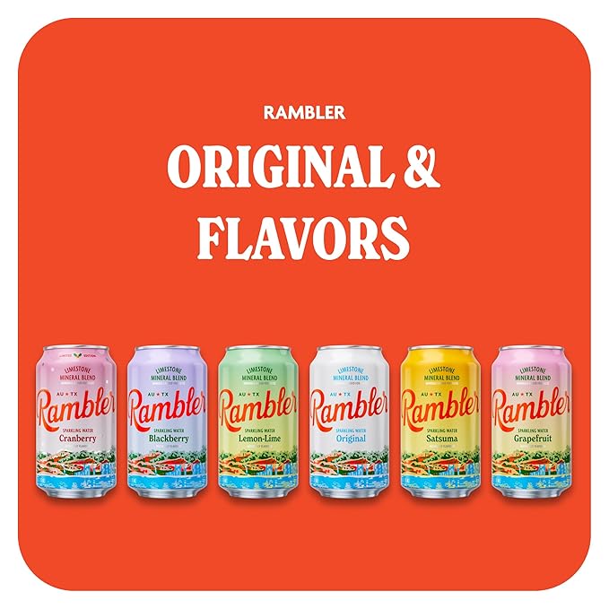 AUTX RAMBLER Sparkling Water, Texas Limestone Mineral Blend, Original Natural Flavor, 12-Ounce Cans, 12-Pack
