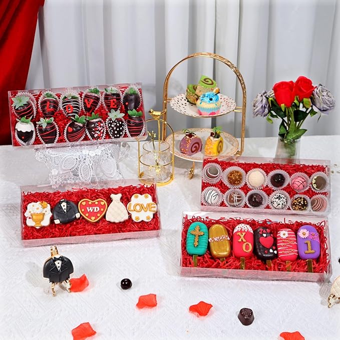 24PCS 12x5x2 Inches Clear Treat Boxes for Chocolate Covered Strawberries, Cocoa Bombs, Donuts, Muffins, Pastries, Bakery, Cookie, Macaron, Gift Boxes for Party Favors