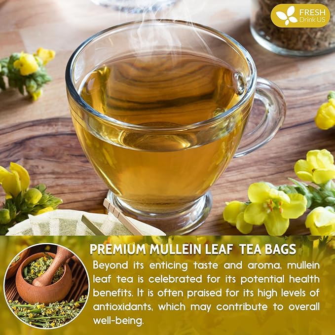 FreshDrinkUS, Premium 80 Mullein Leaf Tea Bags – 100% Natural, Pure, & Caffeine-Free Herbal Tea for Lung – Loose Leaf, No Sugar, Vegan, Gluten-Free, Made with Natural Material Tea Bags