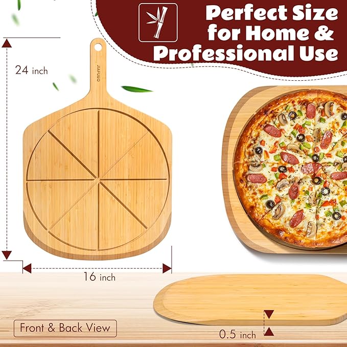 Wood Pizza Peel 16 Inch Pizza Paddle Spatula Serving Board Bamboo Pizza Cutting Boards with 8 Slice Grooves and Handle for Kitchen Oven Pastry Pizzas