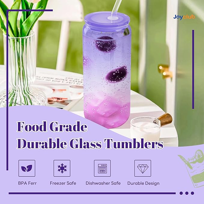 Joyclub 20oz Glass Cups with Acrylic Lids and Straws 8 Set Can Shaped Glass Iced Coffee Cups with Lids, Gradient Drinking Glasses Cute Tumbler Cup Great for Smoothie Soda Boba Tea Cocktail Beer Gift