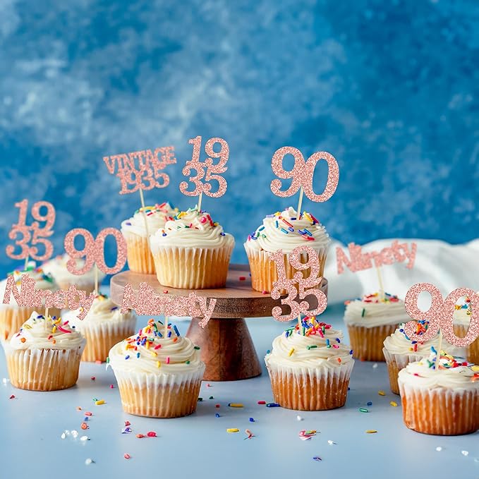 Gyufise 24Pcs 90th Birthday Cupcake Toppers Glitter Cheers to 90 Fabulous Ninety Vintage 1935 Cupcake Picks 90th Birthday Wedding Anniversary Party Cake Decorations Supplies Rose Gold