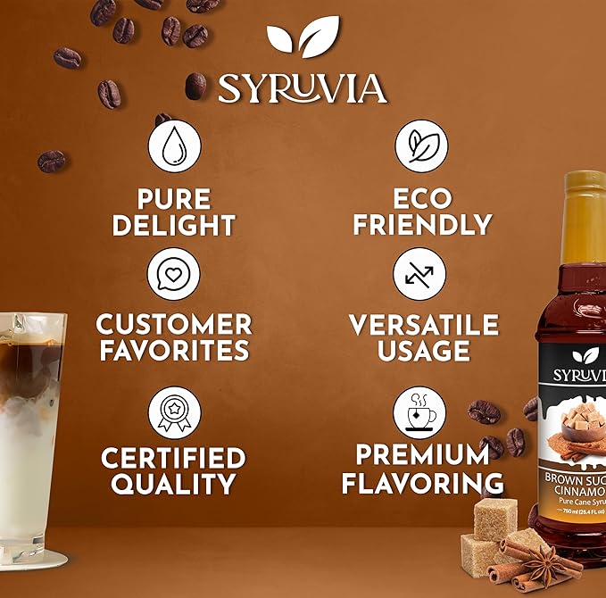 Syruvia Brown Sugar Cinnamon Syrup for Coffee 25.4 Ounces Brown Sugar Cinnamon Coffee Syrup Flavor,