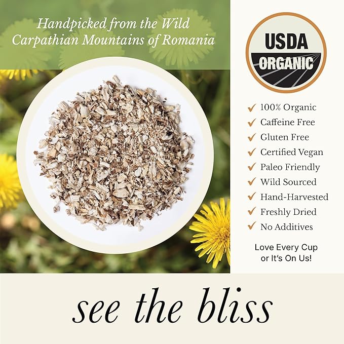 Wild Bliss Organic Wild Raw Dandelion Root Tea - Pharmacopoeia Quality Caffeine Free Herbal Detox Support - 75 Plant Based Tea Bags