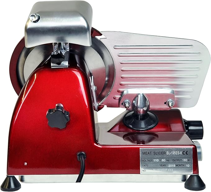 KWS MS-6RS Premium 200w Electric Slicer 7.67-Inch in Red Stainless Steel Blade, Frozen Meat Deli Meat Cheese Food Slicer Low Noises Commercial and Home Use