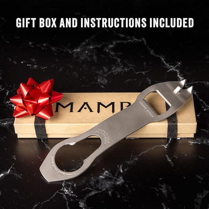 The Mamba Bottle Opener & Bartending Tool – 100% USA-Made, Patented Stainless Steel Bar Key – Flat Bottle Opener for Bartenders, Pour Spout Remover, Church Key Can Punch by Snake Bite