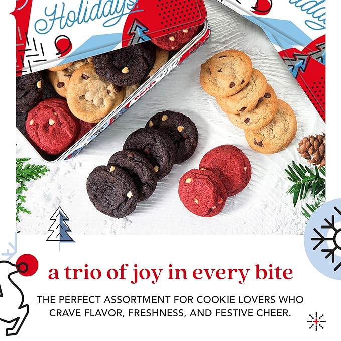 David's Cookies Christmas Cookies Gift Box 24 Pack, Fresh Baked Assorted Mini Cookies in Winterwonderland Tin with Chocolate Chip, White Chocolate Chip & Red Velvet - Gourmet Holiday Food Gift Basket