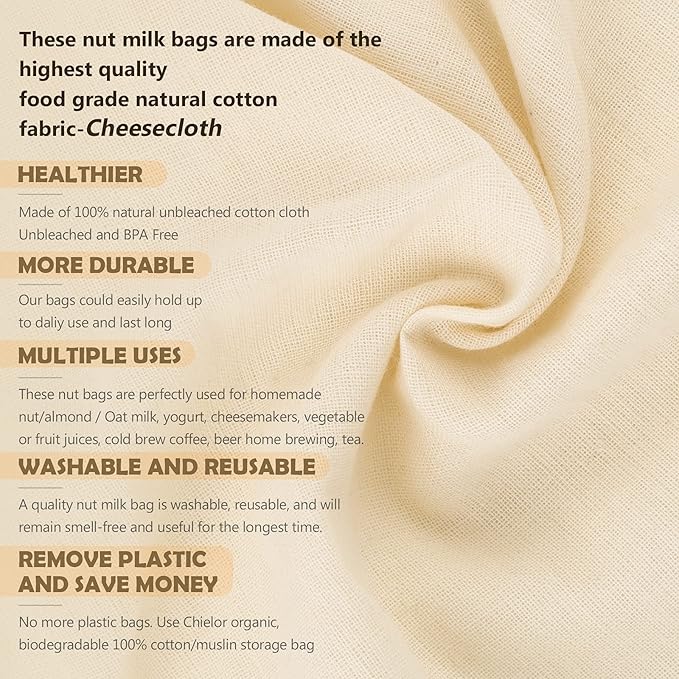 10 Pack Nut Milk Bag, 10‘’ x 12‘’ Fine Mesh Grade Reusable Cheesecloth Bags Strainers, Unbleached Organic Cotton Filter Bags for Almond Milk, Juices, ColdBrew, Cheese, Tea, Yogurt, Coffee