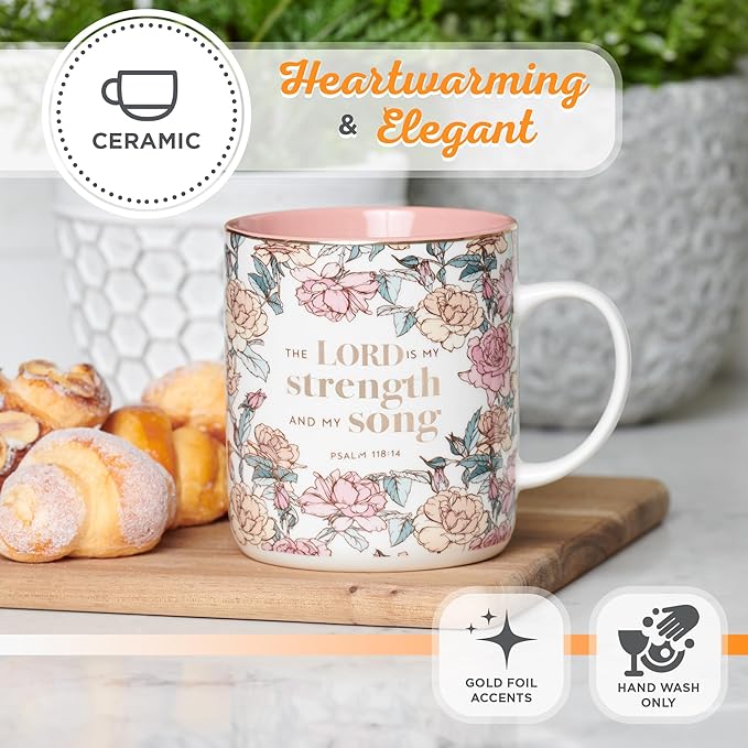 Christian Art Gifts Pink Floral Ceramic Coffee Mug – 14 oz. Lead and Cadmium-free Non-toxic Inspirational Scripture Coffee and Tea Mug for Women with Bible Verse: My Strength and My Song –Psalm 118:14