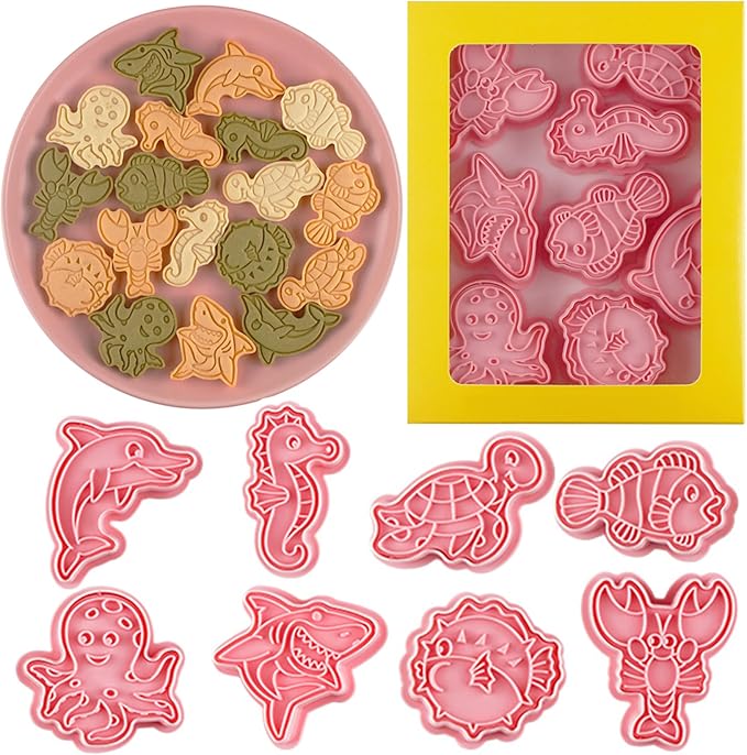 8 Pcs Ocean Cookie Cutters Set Baking Molds 3D Ocean Press type Cookie Cutter for Baking, Fondant, Cheese, and Pastries