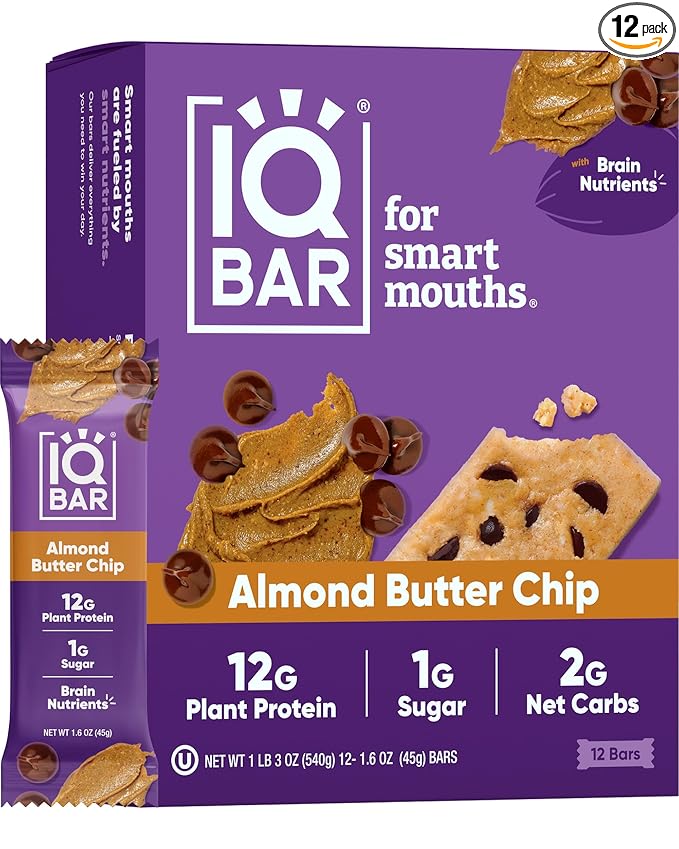 IQBAR Brain and Body Plant Protein Bars - Almond Butter Chip - 12-Count - Keto, Vegan, Low Carb, High Fiber, Gluten Free, Dairy Free, Low Sugar Snack with Nutrients for Focus, Energy, Meal Replacement