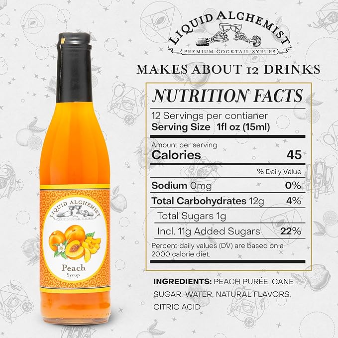 Liquid Alchemist Peach Syrup for Drinks - Real Ingredients Make our Peach Puree for Cocktails a Perfect Bellini Mix - Our Flavored Syrup is Non-GMO & Vegan (12 oz)