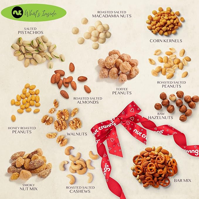 NUT CRAVINGS - Thanksgiving Mixed Nuts Gift Basket in Reusable Wooden Tray + Heart Ribbon (12 Assortments) Holiday Xmas Christmas Food Arrangement, Healthy Snack Care Package