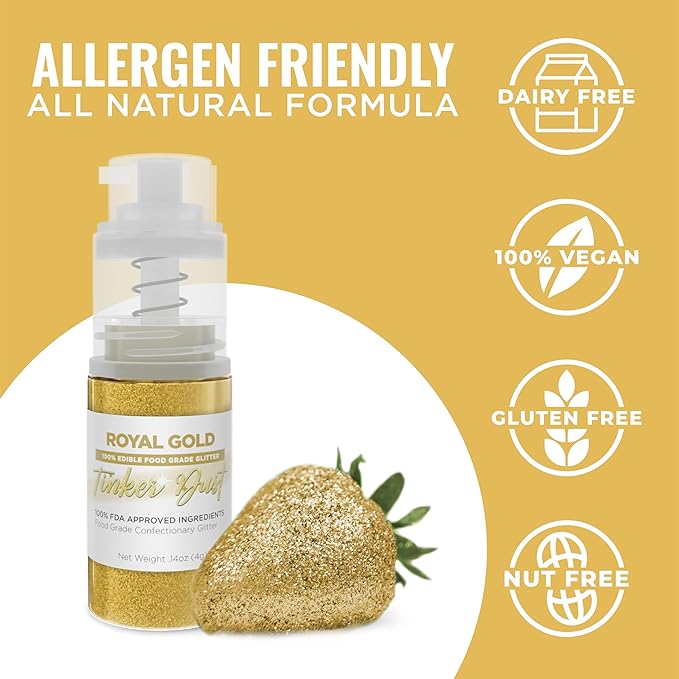 Bakell - Royal Gold Tinker Dust (4g, 1x Mini Spray Pump) Edible Glitter for Food, Desserts, and Beverages!