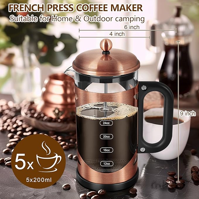 34 Ounce French Press Coffee Maker Copper Stainless Steel Coffee Press, with 4-Level Filter System, Heat Resistant Thickness Borosilicate Glass, BPA-Free Brewed Coffee Pot for Camping Gifts
