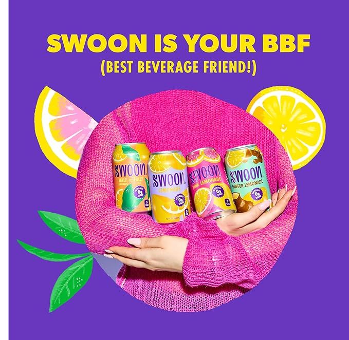 Swoon Ginger Lemonade - Sugar Free Lemonade, Low Carb, Keto & Paleo-Friendly, Gluten-Free - Zero Sugar Drinks Made with 100% Lemon Juice Concentrate & Sweetened by Monk Fruit, 12 Fl oz (Pack of 12)