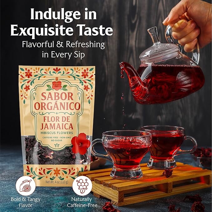 1lb Dried Hibiscus Flowers perfect for Tea and Mexican Agua de Jamaica | Flor de Jamaica Organica Natural | Flor de Jamaica Non-GMO, No Preservatives Resealable Stand-up pouches | by Sabor Orgánico