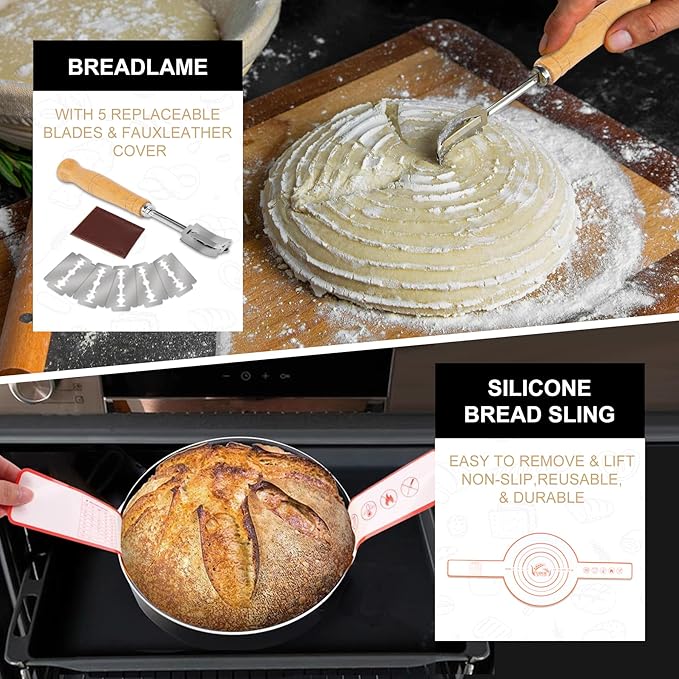 Banneton Bread Proofing Basket,Sourdough Proofing Basket Set of 2, 10 inch Round and 9.6 Oval with Bread Making Tools, Sourdough Bread Baking Supplies, Natural Rattan Proofing Bowls Baskets