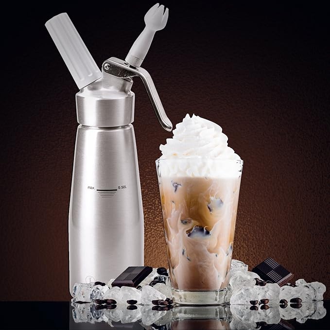 Professional Whipped Cream Dispenser 1 Pint Aluminum Cream Whipper, Durable Stainless Steel Coffee Spoon, 3 Decorating Nozzles, Charger Holder and Cleaning Brush (N2O Cartridge not Included)