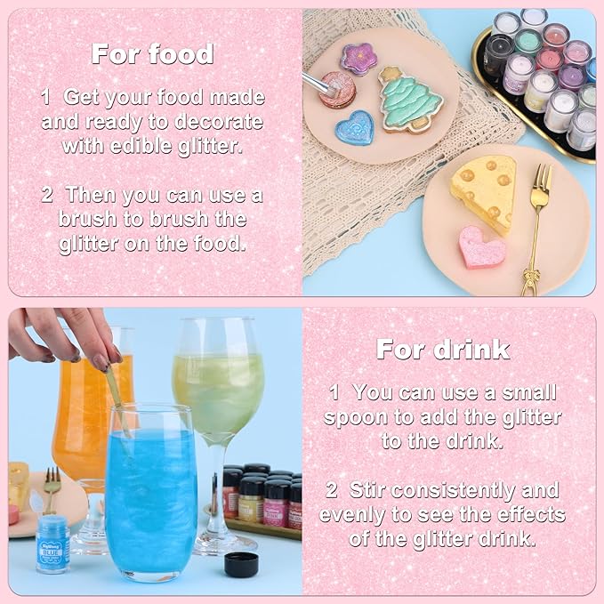 Pink Edible Glitter - 5g Food Grade Cake Decorating Shimmering Glitter, Edible Sprinkle Luster Dust for Drinks, Chocolates, Fondant, Strawberries, Cupcakes, Candy, Cookie - Vegan