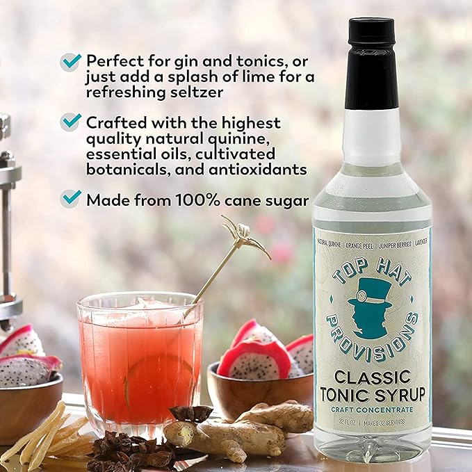 Top Hat Classic Tonic Syrup – 5x Quinine Tonic Water Concentrate – Make Tonic Water at Home – Just add Seltzer Water - 32oz bottle