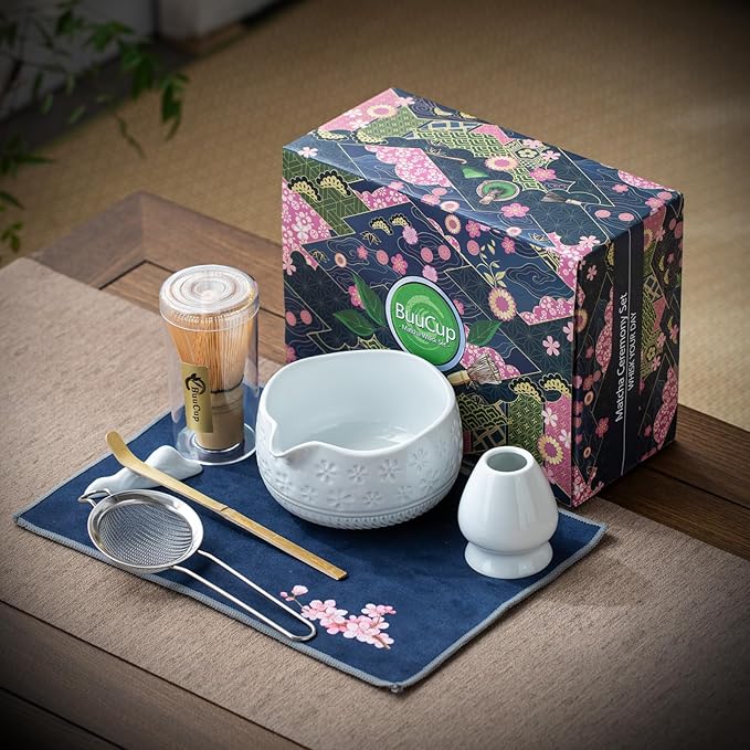 Matcha Whisk Set, Ceramic & Bamboo, 7 Pcs, White, Includes Bowl, Whisk, Holder, Scoop, Rest, Sifter, Tea Towel