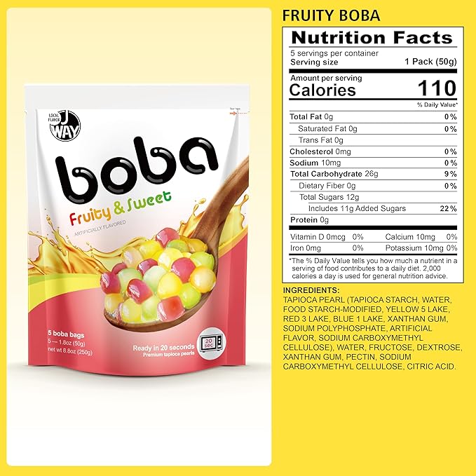 J WAY BOBA Authentic Instant Tapioca Boba Pearls for Milk Tea, Smoothies and Desserts, Tropical Fruit Flavor (Ready in Just 20 Seconds) - 5 Servings