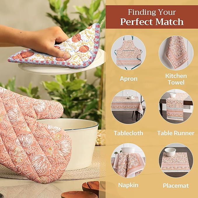 Maison d' Hermine 100% Cotton Oven Mitt & Pot Holder Set (7.5"x13" & 8"x8") Heat Resistant BBQ Cooking Gloves with Loop, Baking, Grilling, Kitchen, Handling Hot Pans (Nila)