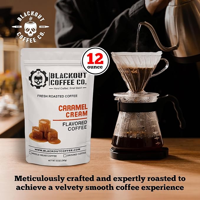 Blackout Coffee Caramel Cream Flavored Coffee - Ground Coffee, Fresh Roasted In the USA,12 oz pouch