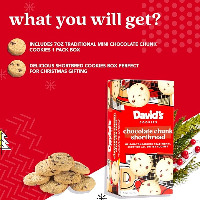 David's Cookies Mini Shortbread Chocolate Chunk Cookies 1 Pack - Traditional Scottish Style Butter Cookies, OU Kosher Certified, Decadent Gourmet Shortbread Cookie Snack Box for Tea, Coffee, & Gifting