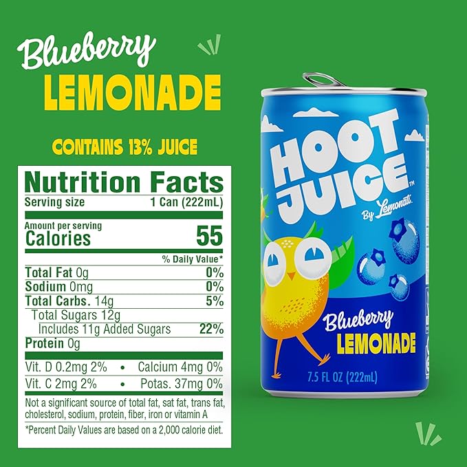 Hoot Juice Blueberry Lemonade By Lemonati, No Artificial Sweeteners or Flavors, Gluten-Free, Kosher, Non-GMO, Vegan, 7.5 Fl Oz Mini-Cans, Pack Of 24, Blueberry Lemonade
