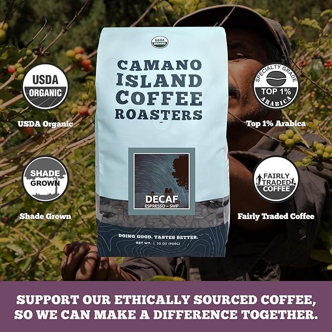 Camano Island Coffee Roasters Decaf Espresso Blend, Ground 2lb, Fresh Dark Roast Swiss Water Processed, USDA Organic, Fairly Traded, Shade Grown Top 1% Arabica, Sweet Molasses, Mixed Berry Flavor