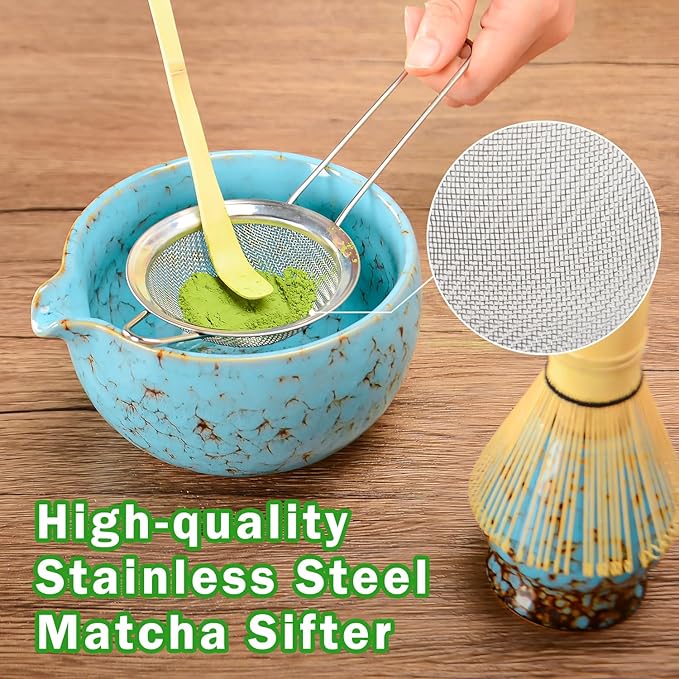 MONOJOY Matcha Whisk Set Ceramic Bowl with Spout Includes Chasen and Holder, Bamboo Scoop, Sifter Kit, Ceremonial Matcha Tea Cute Making Tool Gift Perfect for Matcha Latte Lovers | Beginners, 5pcs