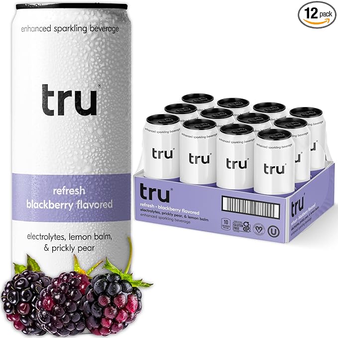 Tru Refresh Seltzer, Sparkling Water with Electrolytes, Prickly Pear, Lemon Balm & Real Blackberry Juice, Sweetened with Monk Fruit & Stevia, Gluten Free, Vegan, Caffeine Free, 12 FL OZ Cans, 12 Pack