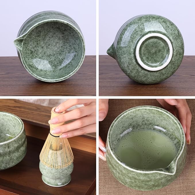 Japanese Ceramic Matcha Bowl - 16oz Speckle Glaze Chawan & Whisk Stand for Perfect Froth, Dishwasher Safe Green