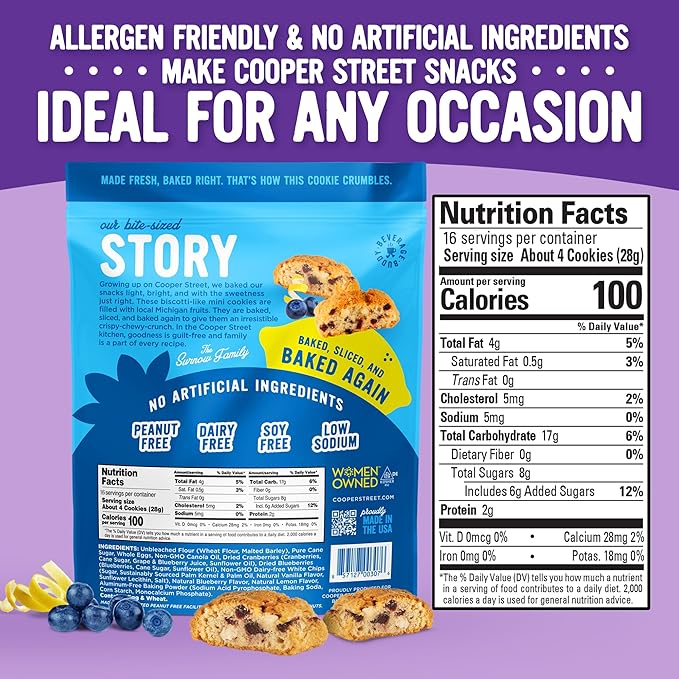 Cooper Street Twice-Baked Blueberry Lemon Biscotti Cookies (16 oz Pack of 2) – Over 50 Biscotti per Bag Loaded with Real Fruit, Traditional Italian Style Snacks - Dairy, Peanut & Soy Free, Kosher