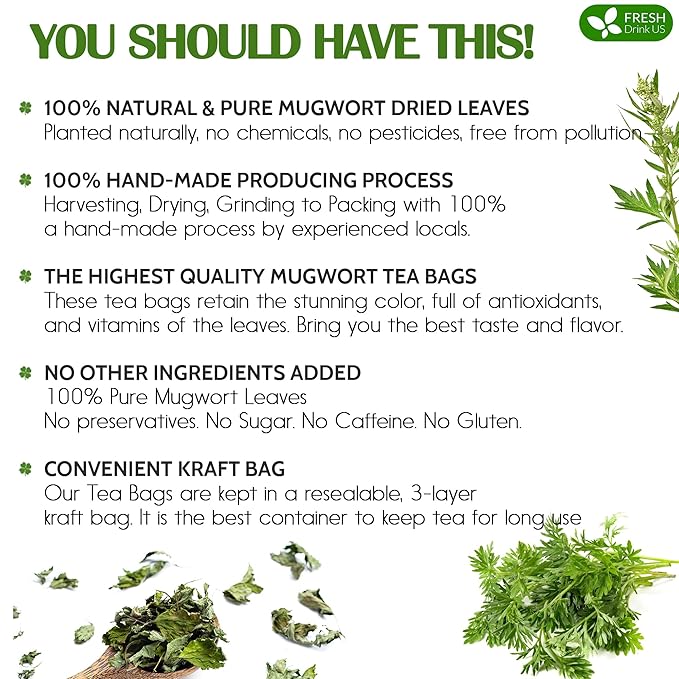 FreshDrinkUS, Premium 45 Mugwort Leaf Tea Bags, 100% Natural and Pure Mugwort Leaves. No Sugar, No Caffeine, No Gluten, Vegan. (45 Tea Bags)