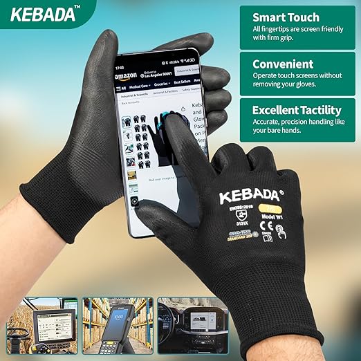 Kebada W1 Safety Work Gloves, PU Coated Touch Screen Work Gloves with Grip, Bulk Pack Working Gloves for Warehouse, Construction, Gardening and Mechanic Use, Black, 50 Pairs, Medium