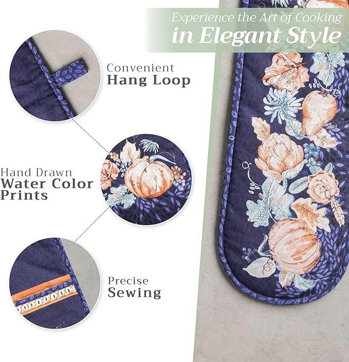 Maison d' Hermine Double Oven Mitts 100% Cotton 7"x35" Double Oven Mitt Heat Resistant BBQ Cooking Gloves with Loop, Baking, Grilling, Home, Kitchen, Handling Hot Pans (Pumpkin Blues)