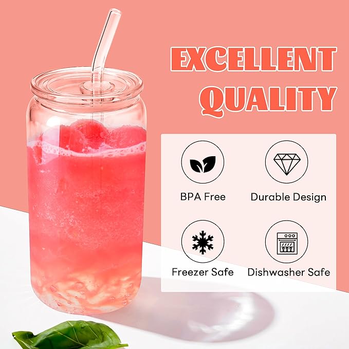 Joyclub 8pcs Glass Cups with Acrylic Lids and Straws 16 oz Can Shaped Glass Iced Coffee Cups with Lids and Straws, Cute Tumbler Cup Drinking Glasses for Smoothie Whiskey Boba Soda Tea Gift