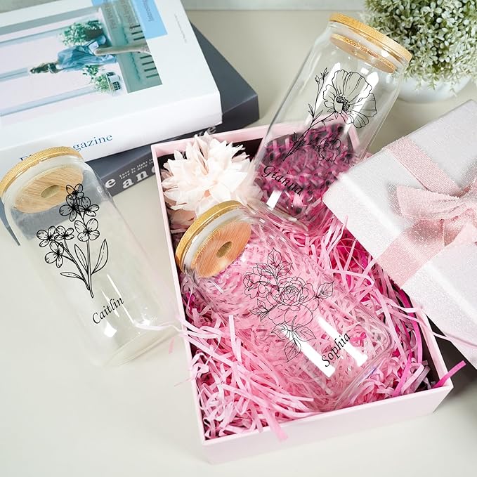 Personalized Tumbler for Women-Can Shaped Glass with Lids and Straws-18OZ Iced Coffee Cups with Lids, Flower Cute Glass Cups, Mothers Day Birthday Gift for Women Her (BirthFlower)