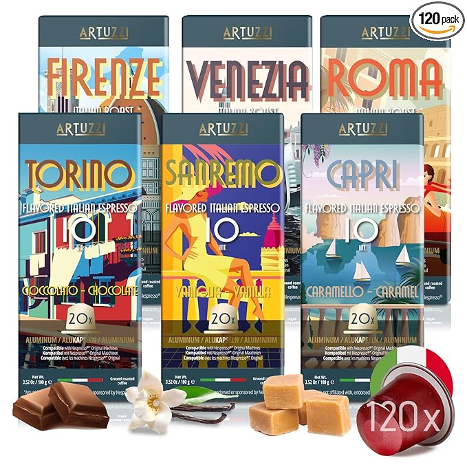 Artuzzi 120ct Espresso Pods For Nespresso Compatible Capsules Original Machines | Italian Coffee Variety - Ristretto Lungo Espresso Caramel Vanilla Chocolate | Aluminum & Recyclable