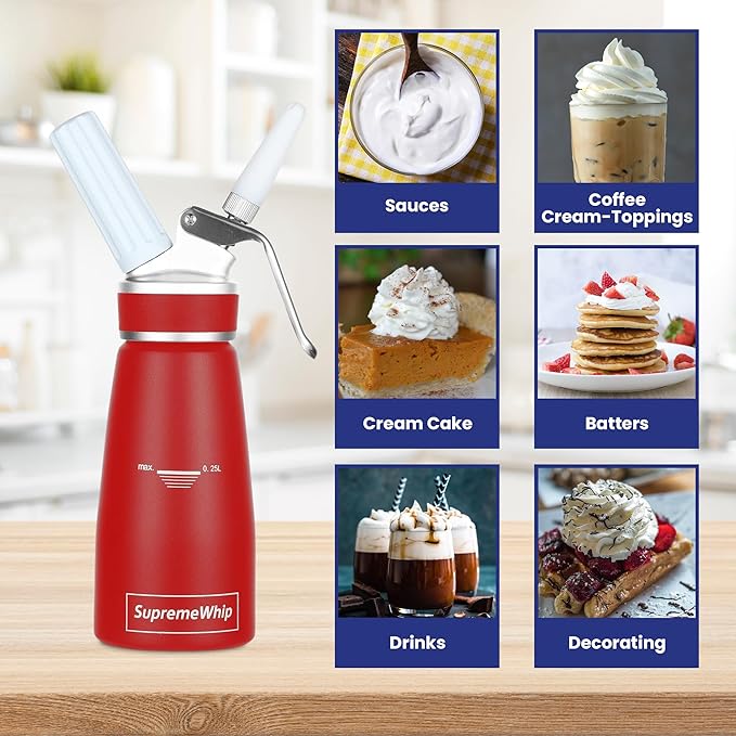 PRO Cream Dispenser, Durable High-Grip, Metal Lid with Rubber, 3 Nozzles, for Hot/Cold Use, Cleaning Brush Included, Red - 250 ml / 1 Pint