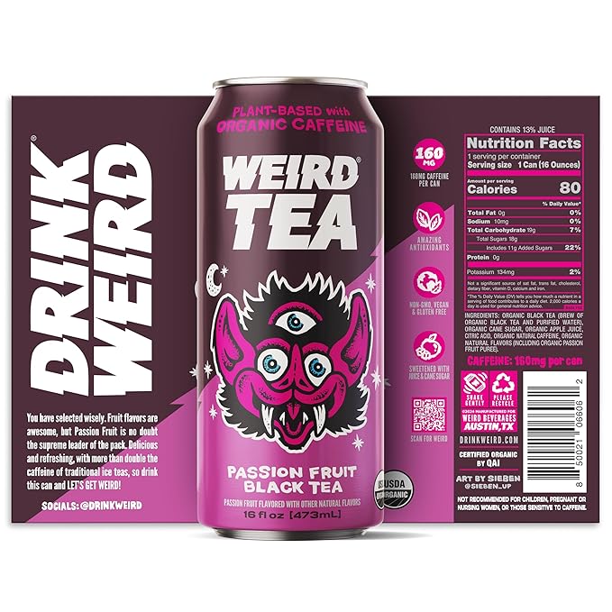 Drink Weird Organic Passion Fruit Black Tea – 16oz Cans, 160mg Organic Caffeine, Pack of 12 – Smooth & Energizing Energy Drink Alternative